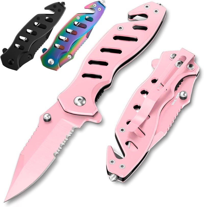 GOOD WORKER Pink Pocket Knife for Women - Legal Small Knife - 2.68 Inch Serrated Blade - Womens Knife for Self Defense - Cute Girl Survival Tool Pocket & Folding Knives - Mothers Day Gift Idea - 6655 P - Image 1
